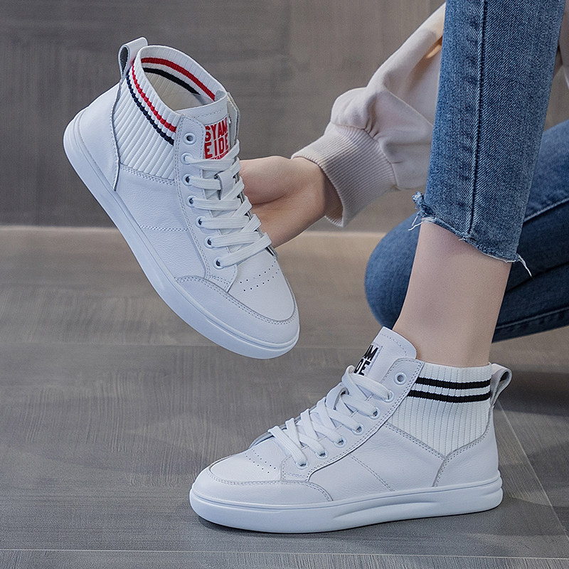 Summer white leather high-top shoes women's 2022 hot style all-match top layer cowhide breathable small white shoes 41 large size shoes