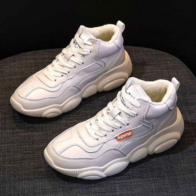 Plus-size women's shoes 2021 new autumn and winter all-match leather high-top white shoes sports bear daddy shoes women's ins trend