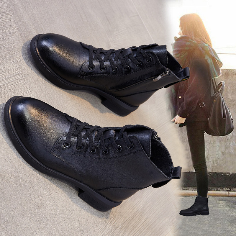 Leather Martin boots women's autumn and winter plus velvet thickened black boots 2022 new all-match flat large size chunky heel short boots