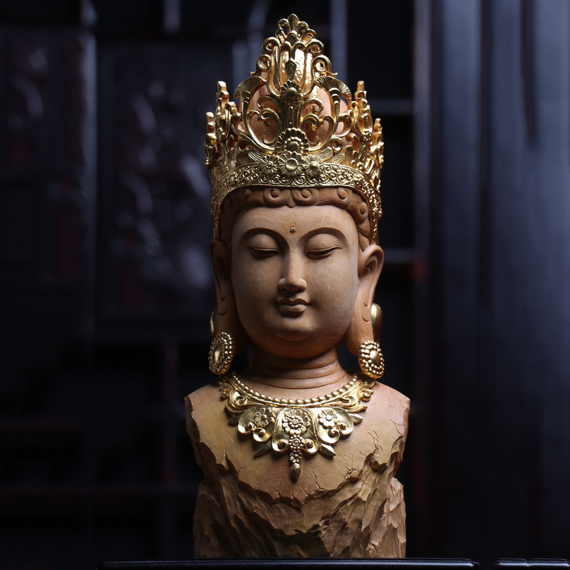 Nine Carp Small-Leaf Boxwood Carved Guanyin Buddha Head Statue for Indoor Entrance, Home Decor, and Collectible Item