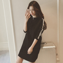 South Korea 2021 spring and autumn new sports hooded sweater skirt straight skirt women loose striped dress tide