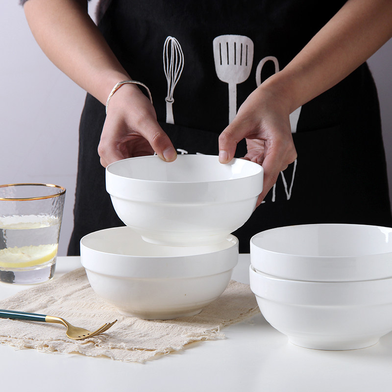 4 Clothing Household Noodles Bowl Ceramic Soup Bowl Large White Cutlery Small Bowl Creative Bowl Suit Dinner Big Bowl Special Price-Taobao