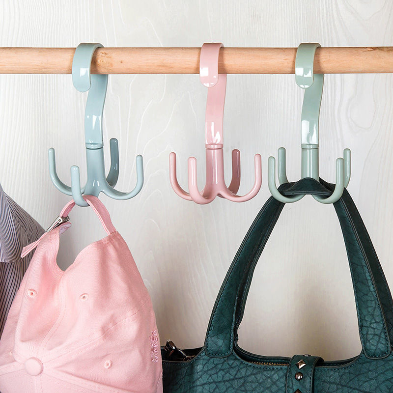 Rotating four-claw hooks Home Multi-functional clothes hat Hook Bag Tie Rack Wardrobe Free of perforated scarves containing shelf-Taobao