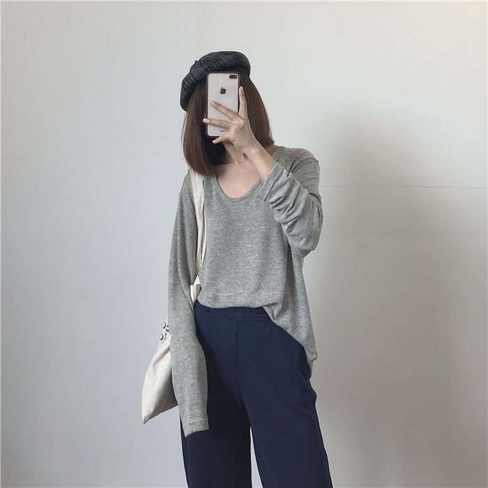 Muzi 18 mùa thu / nước ngoài màu xám lớn cổ chữ U mỏng áo len mỏng đa năng retro áo dài tay thời trang công sở nữ