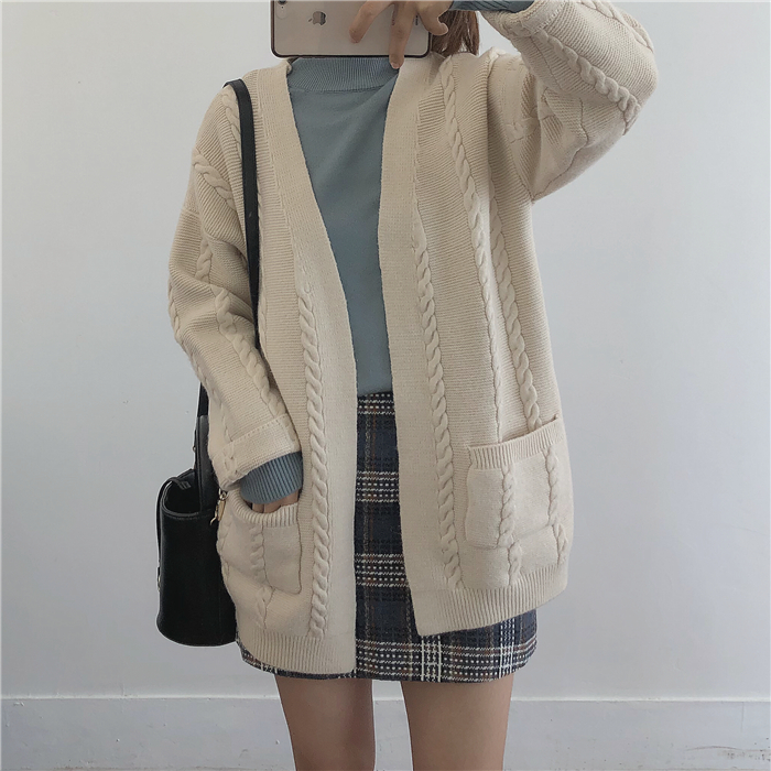 Muzi 18 mùa thu / V-cổ rắn màu retro xoắn áo len dài tay áo len nữ màu be / kaki / màu cam / xanh đậm áo khoác len cardigan