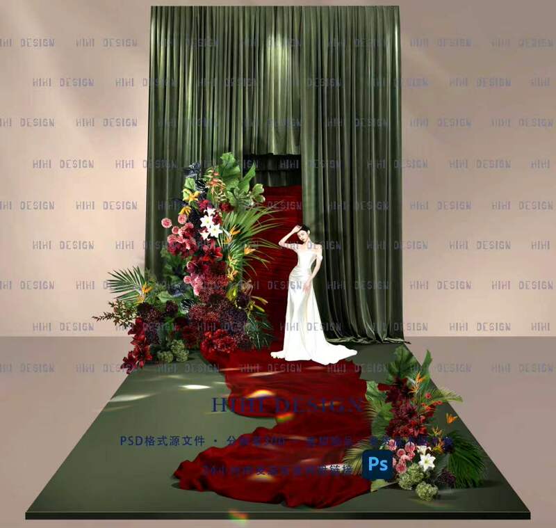 26107 Red and Green Contrasting Color Fabric Drapes, Niche Tropical Floral Art, Hihi Wedding Visual Effects