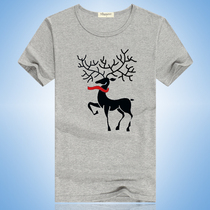 Short-sleeved mens T-shirt trend personality scarf Deer print cotton round neck summer half sleeve mens clothes base shirt