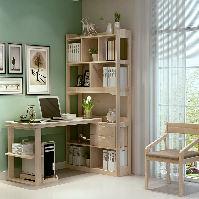 Full Solid Wood Desk Bookshelf Combination With Bookcase