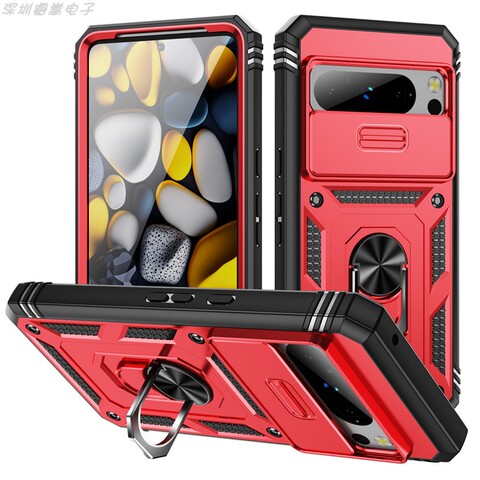 Red — Armor Drop Resistant Tough Shockproof Ring Finger Holder Kickstand Camera Lens Protection 8, 8 Pro Google Pixel Phone