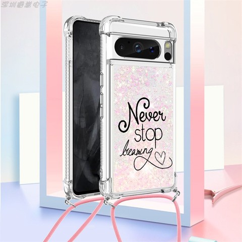 Girls Quicksand Glitter Bling Silicone TPU Airbag Corner Protection With Lanyard Strap 8, 8 Pro Google Pixel Phone Case