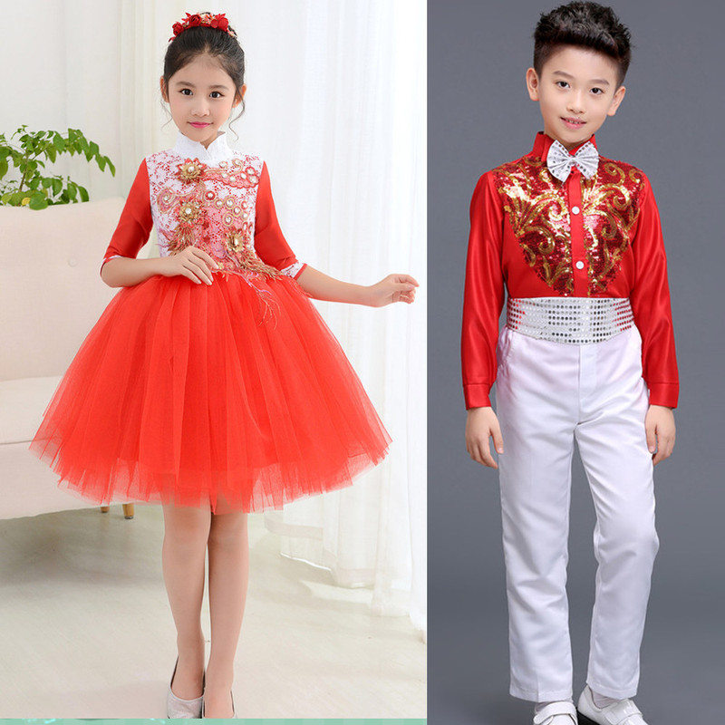 girls princess ballet chorus dresses Red children's chorus costume long middle sleeve Chinese style children's dance competition poetry recitation performance Costume