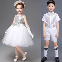 New white sequined childrens costume chorus boy little dress shirt short sleeve English girl princess dress