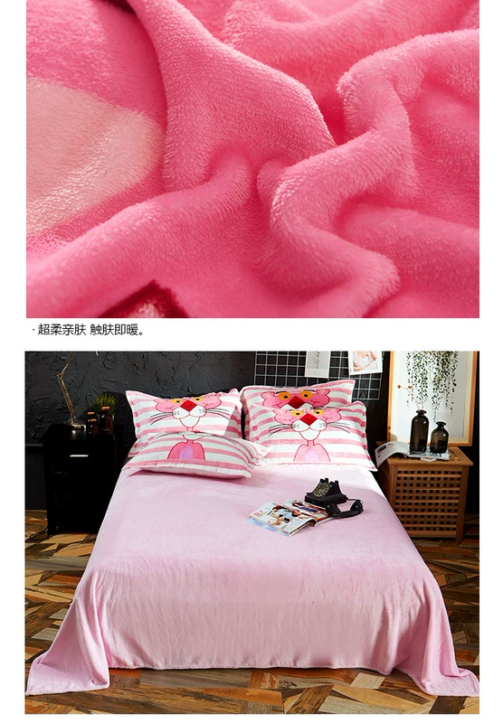 Winter nhung san hô dày Pink Panther gia đình giường bốn luật Levin cashmere flannel tấm hai mặt quilt phim hoạt hình người phụ nữ - Bộ đồ giường bốn mảnh bộ ga giường everon