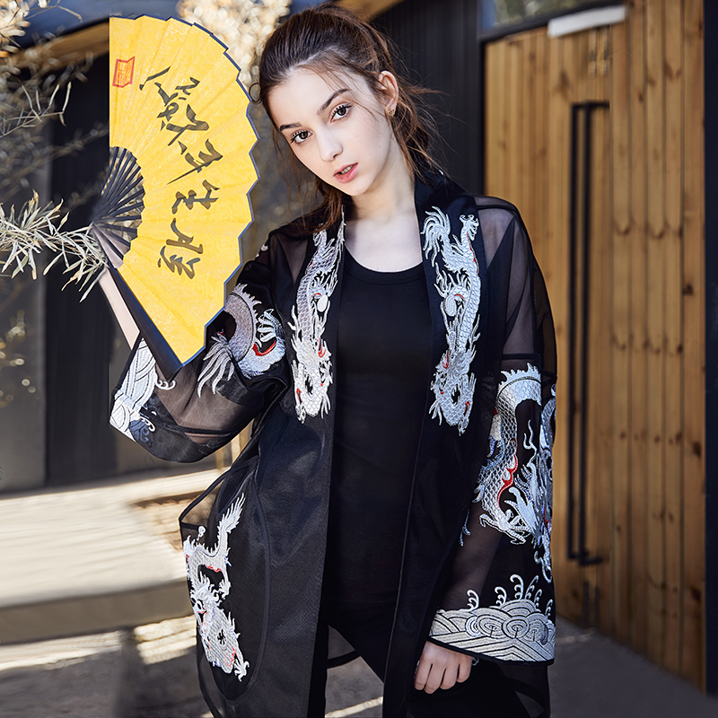 Belle Nhà Silver Dragon thêu Han ăn mặc Cardigan mùa hè Loose lớn Mã cao mật độ thêu Rồng Robe Men