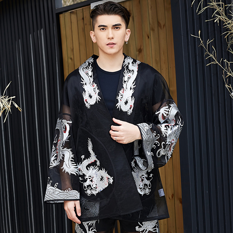 Belle Nhà Silver Dragon thêu Han ăn mặc Cardigan mùa hè Loose lớn Mã cao mật độ thêu Rồng Robe Men