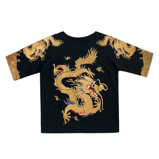 Baylor House high-end product Chenglong Yutian Chinese style men's gold dragon robe embroidered T-shirt men's national trend short-sleeved