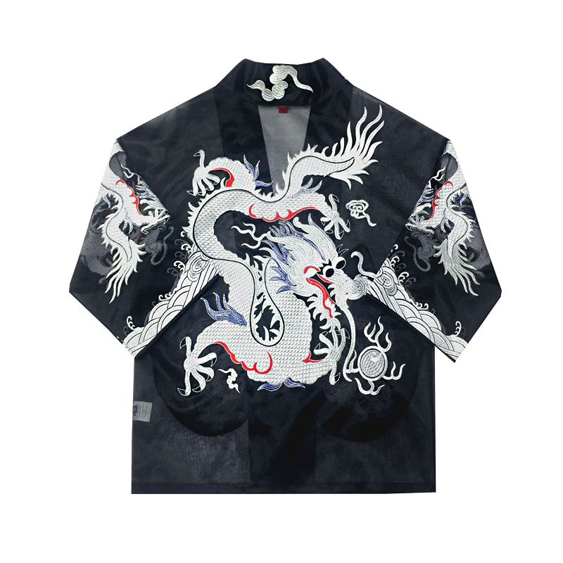 Belle Nhà Silver Dragon thêu Han ăn mặc Cardigan mùa hè Loose lớn Mã cao mật độ thêu Rồng Robe Men