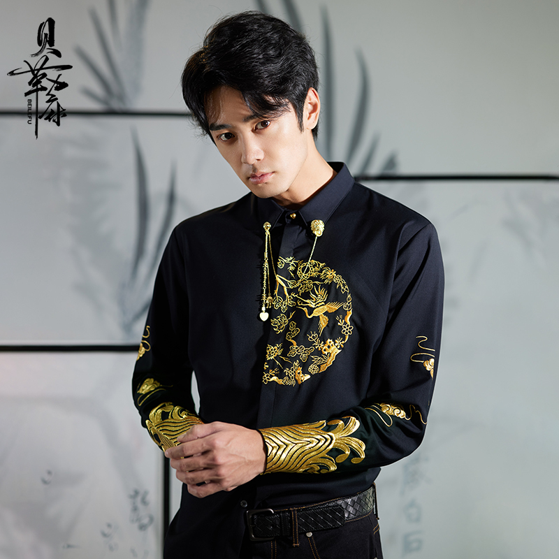Belle House＜High-End Products•Golden Jade Splendor＞Chinese-Style Embroidered Shirt Men's Retro Slim-Fit Long-Sleeve Shirt