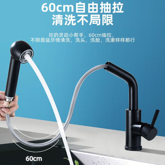 304 Stainless Steel Pull-Out Faucet Kitchen Sink Double Basin Rotating Black Hot and Cold Faucet