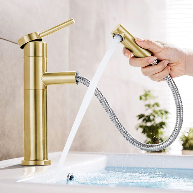 304 Stainless Steel Washbasin Pull-Out Faucet Bathroom Single-Hole Washbasin Hot and Cold Rotating Faucet