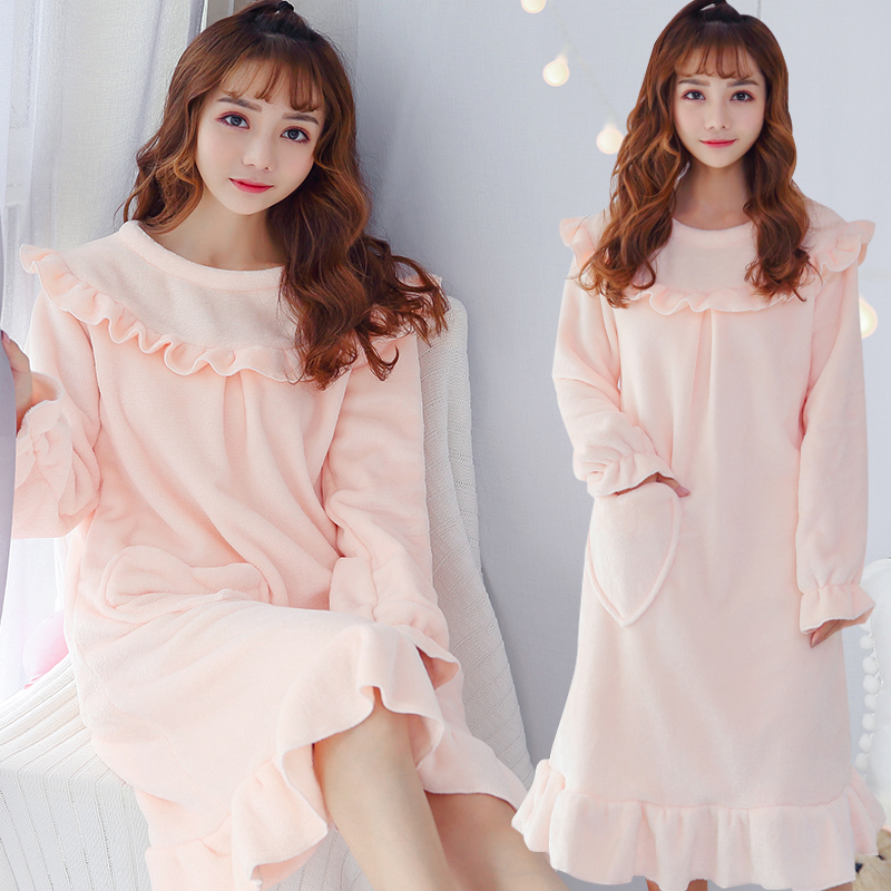 Phiên bản Hàn Quốc của công chúa váy ngủ nữ mùa đông dài tay dễ thương flannel gợi cảm mùa thu và mùa đông san hô nhung đồ ngủ dài dịch vụ nhà váy mùa đông