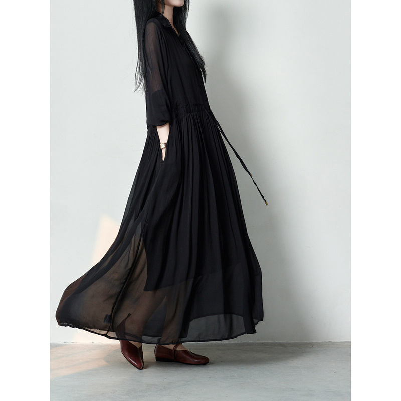 115kg Extra Large Size Spring/Summer Artistic French Style Flowy and Soft Long-Sleeve Shirt Dress 300+ Size Black Long Dress