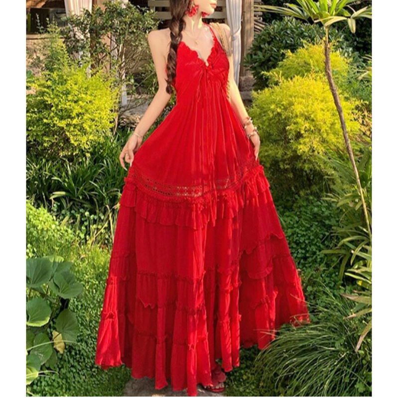 115kg Extra Large Size French Retro Red V-Neck Spaghetti Strap Dress 300+ Size Sexy Backless Tiered Long Dress