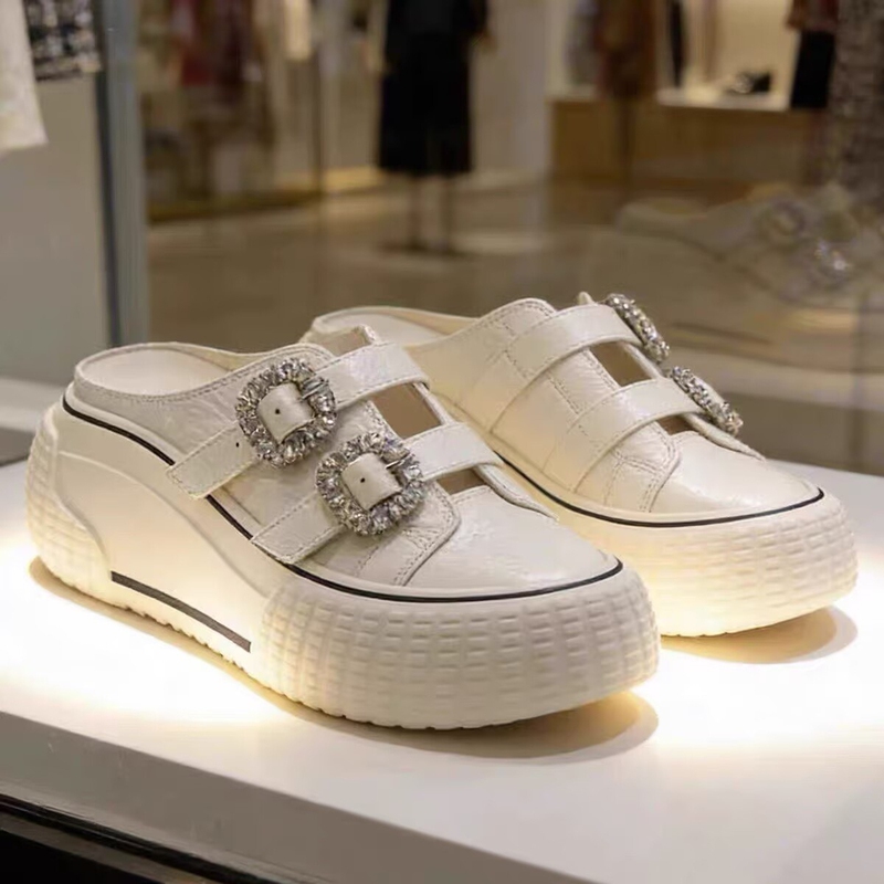 European-Style Thick-Soled Mules for Women, Genuine Leather, 2026 New Model, Square Buckle, Velcro, Rhinestone, Slip-On, Closed-Toe, Casual Sandals