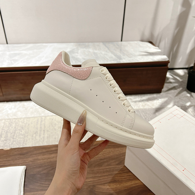 Upgraded Board! Genuine Leather Thick-Soled White Sneakers for Women, Pink Cracked Haze Blue Leather Tail, Height-Increasing Casual Platform Shoes for Men and Women