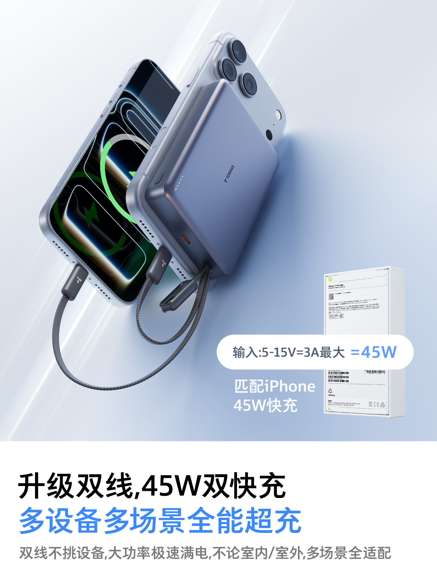 Turas 20000Mah Comes with Dual Cables, Xiaoyunbao 2026 New Model 45W Power Bank, 3C Certified, Can Be Used on Airplanes, Large Capacity, Fast Charging, Portable Power Bank Suitable for Apple, Huawei, Xiaomi 2W