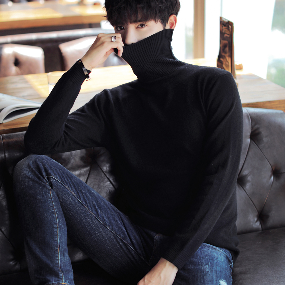 Slim fit men's turtleneck sweater thickened sweater long-sleeved pullover Korean winter men's bottoming sweater black