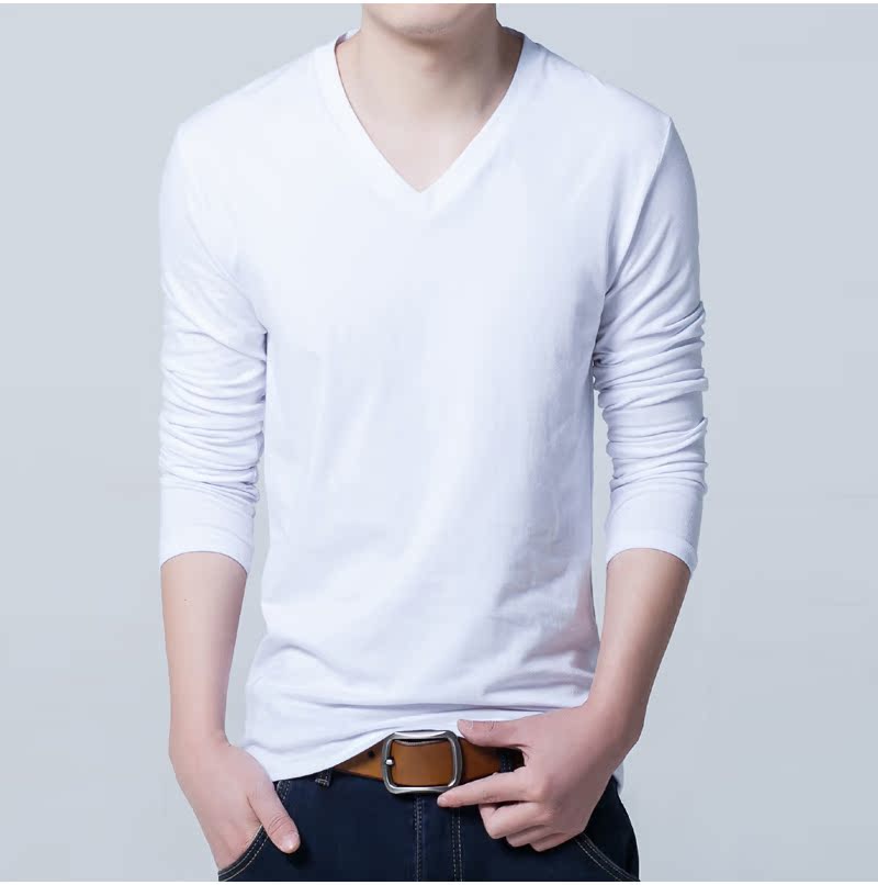 Cộng với áo nhung nam mùa thu và áo thun dài tay phiên bản Hàn Quốc của áo cổ chữ V nam trang trí body áo sơ mi nam xu hướng quần áo màu sắc rắn áo thun trơn nam