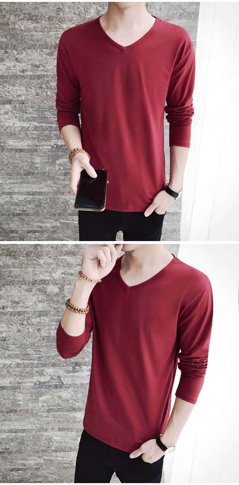 Cộng với áo nhung nam mùa thu và áo thun dài tay phiên bản Hàn Quốc của áo cổ chữ V nam trang trí body áo sơ mi nam xu hướng quần áo màu sắc rắn áo thun trơn nam
