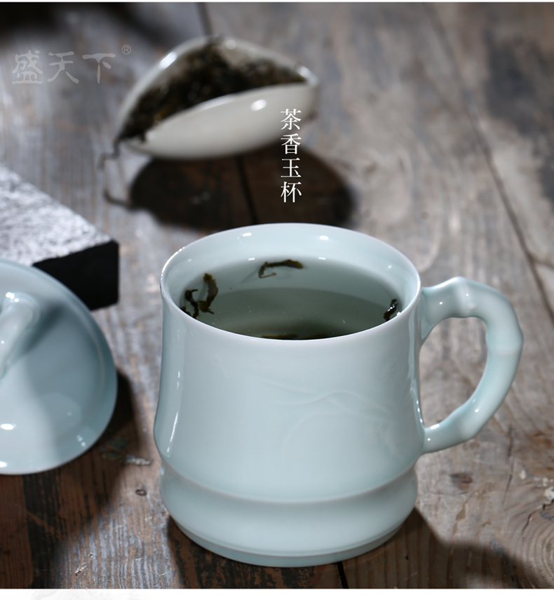 Jingdezhen ceramic cups with cover household glass celadon section office cup boss BeiYing green bamboo carving glass cup