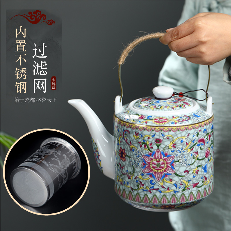 Cool high - capacity ceramic kettle home old Chinese blue and white porcelain teapot large girder cold pot pot of belt filter