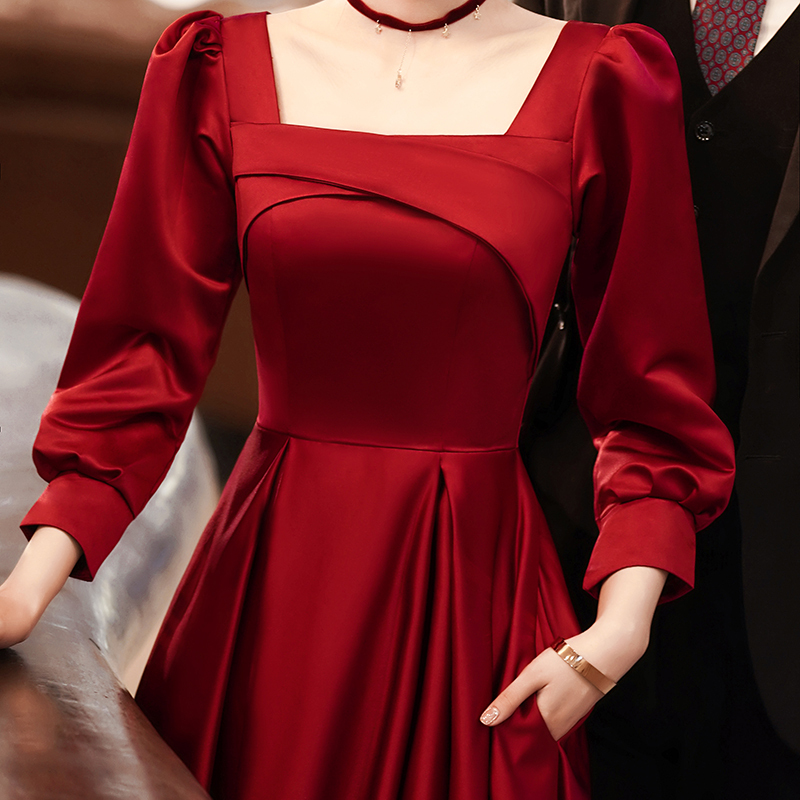 Bridal Toast Dress with a High-End Feel, 2026 New Satin French Light Luxury Burgundy Wedding and Engagement Dress for Summer