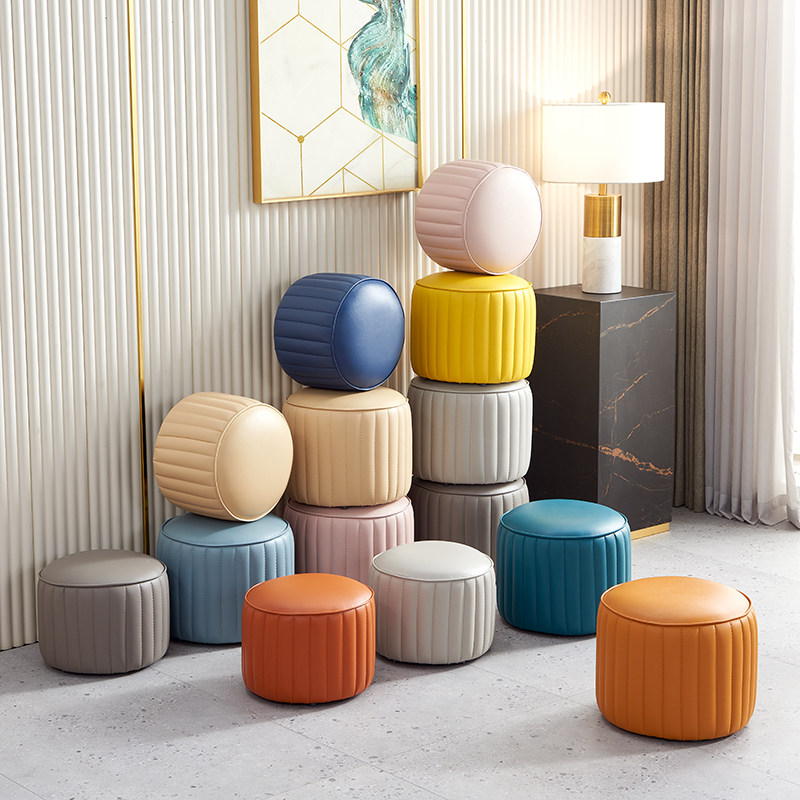 Low stool home leather stool living room small bench coffee table stool creative round stool soft sitting pier footrest changing shoe stool leather pier