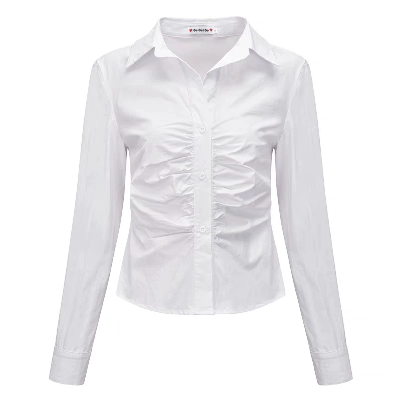 Pure lust-style pleated design, slim and versatile waist-cinching shirt, women's tops, 2024 autumn new style, discreet and chic shirt