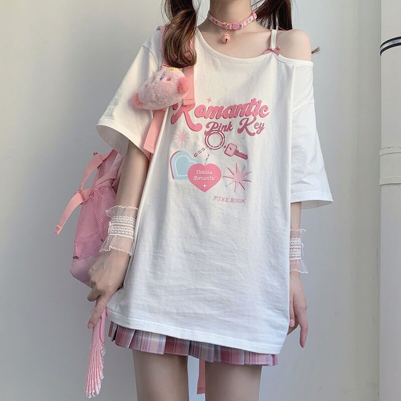 Off-Shoulder Top for Women, Mid-Length, Summer, Sweet Japanese Style, Bow Design, Loose Short-Sleeve T-Shirt, Soft Girl Student Style