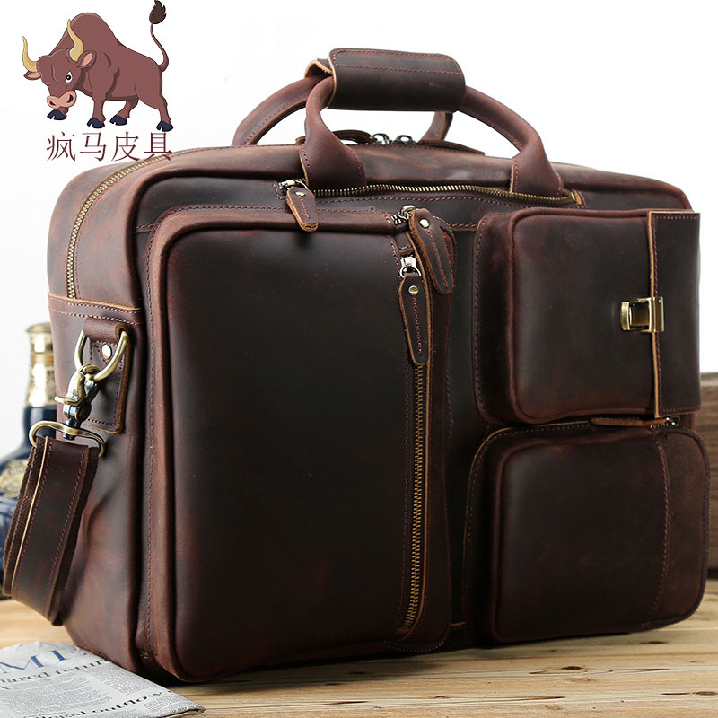 Men's Shoulder Double Back Dual Purpose Briefcase New Leather Multifunctional Computer Bag Vintage Mad Horseskin Backpack