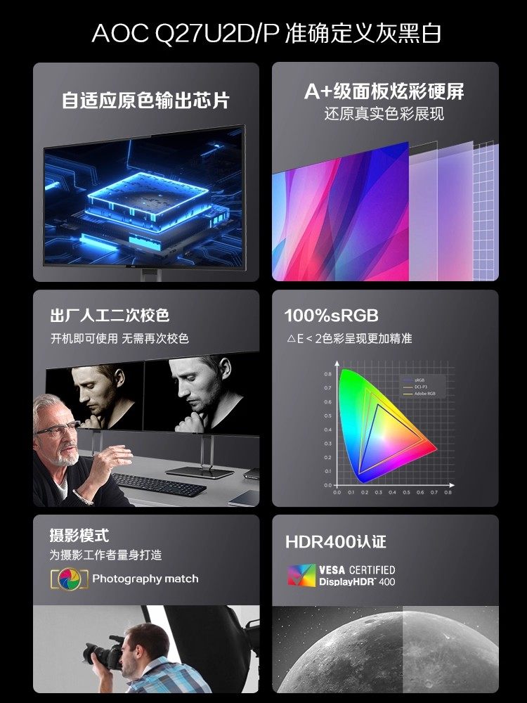 Aoc Q27U2D/P 27inch Professional Photography Editing 2K Monitor Photo Editing Video Design Ips Computer Screen