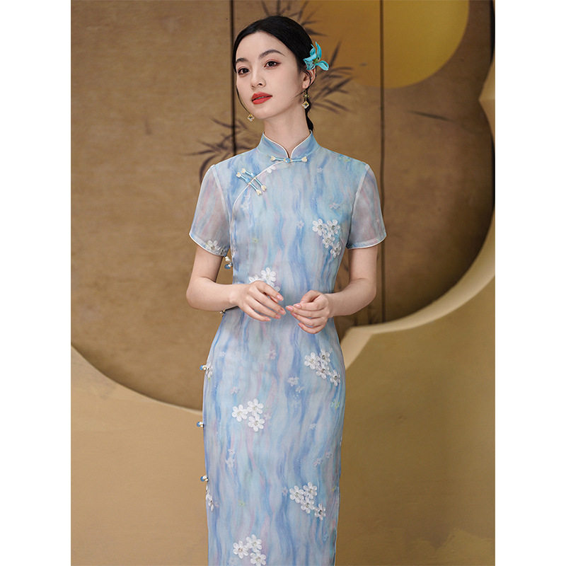 A must-buy for 25 years! aqua blue cheongsam dressold time tops new chinese