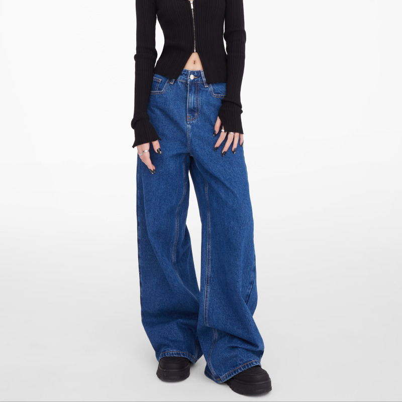 Ktone Spring and Summer New Retro Denim Blue Loose Jeans for Women, Slimming Regular Wide-Leg Pants, Straight-Leg Long Pants Ktone Spring and Summer New Retro Denim Blue Loose Jeans for Women, Slimming Regular Wide-Leg Pants, Straight-Leg Long Pants