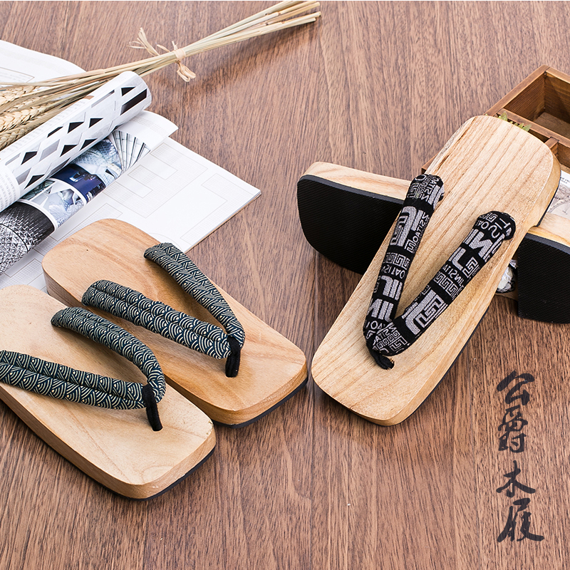 White Style Men's Kimono-Style Wooden Clogs with Square Toe, Slip-On Clogs, Flip-Flops, Wooden Slippers