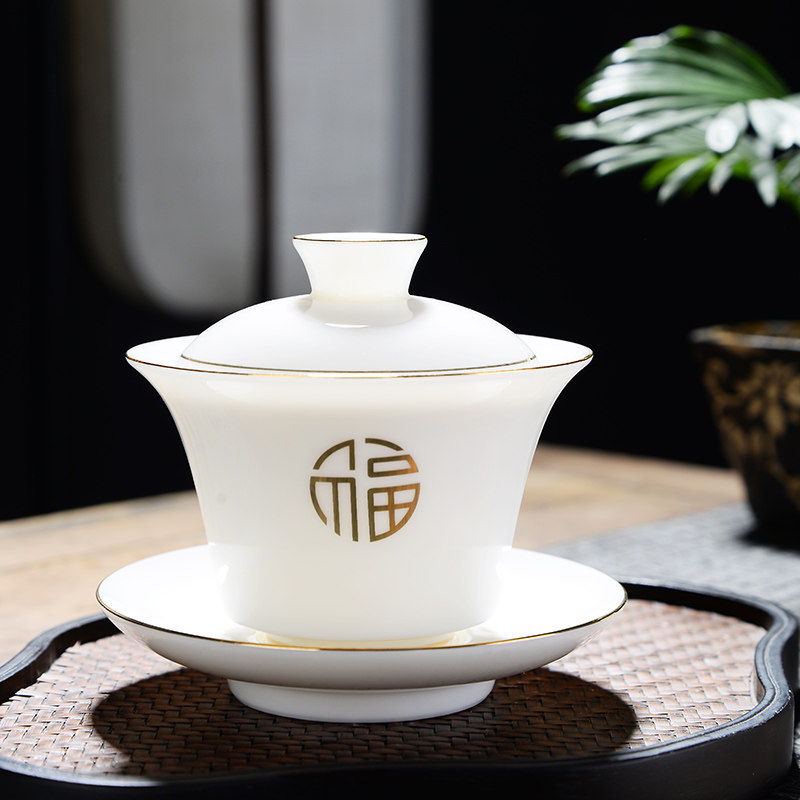 Defied White Porcelain Handmade Ceramic Cover Bowl Teacup Tea Cup Big Tea 3 Only Bowl Thin Tire Tea Bowl Suit Home Sweet White Jade