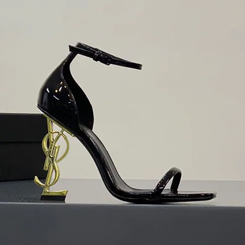 Yang Shulin Style One-Strap Sandals for Women, Thin Heels, Summer Metallic Letter Design, Patent Leather, Black, Mature and Sexy High Heels