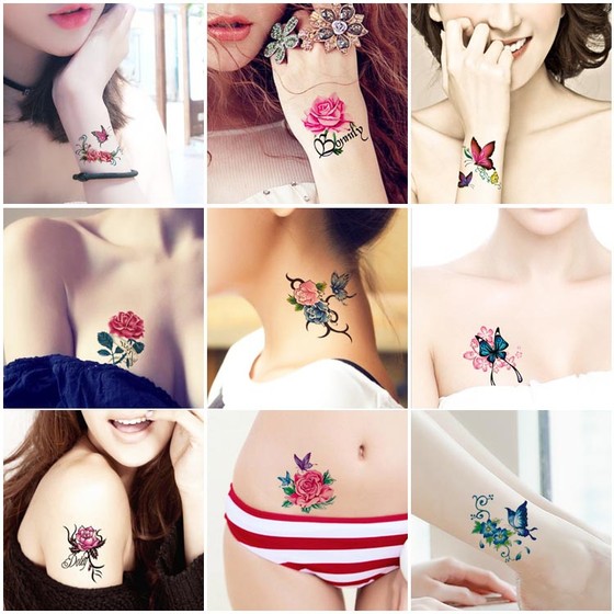 Tattoo stickers female waterproof lasting fresh sexy rose flower butterfly feet bare collarbone ins wind simulation 3D stickers