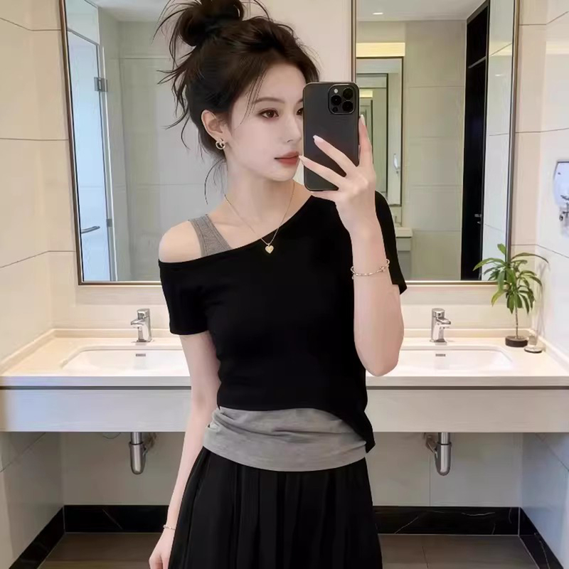 Summer Off-Shoulder Faux Two-Piece Short-Sleeve T-Shirt for Women, 2026 New Trendy Design, Popular Hot-Selling Style with Asymmetrical Shoulder Top