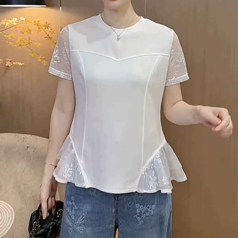 French-Style Ruffled Lace Semi-Sheer Short-Sleeve T-Shirt for Women, Summer 2026, Plus-Size, Slim-Fit, Very Attractive Top