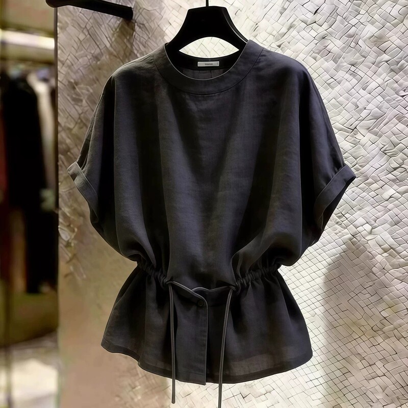 Light Luxury and High-End Drawstring Waist Short-Sleeved Shirt for Women in Summer, Plus Size, Unique and Beautiful Blouse Top Light Luxury and High-End Drawstring Waist Short-Sleeved Shirt for Women in Summer, Plus Size, Unique and Beautiful Blouse Top